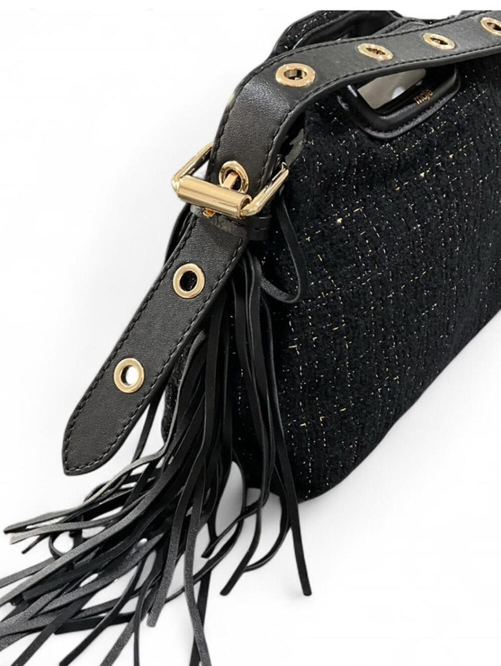 NWT MAJE Black Gold Metallic Tweed Crossbody Shoulder Bag Purse Leather Tassel - Picture 4 of 10